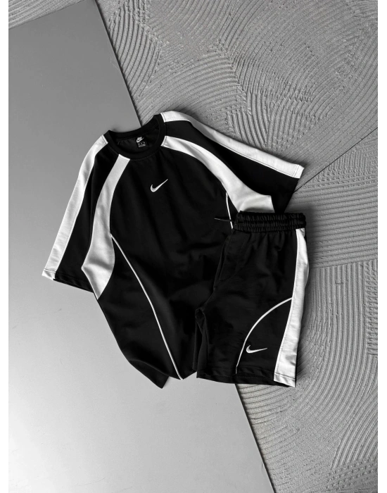 2 İPLİK KUMAS NK SERİTLİ NAKIŞLI ŞORTLU TAKIM SİYAH