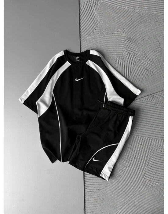 2 İPLİK KUMAS NK SERİTLİ NAKIŞLI ŞORTLU TAKIM SİYAH