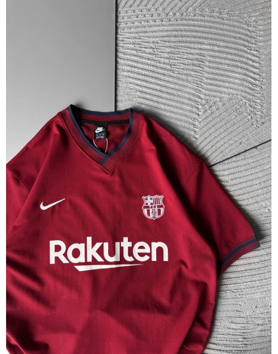 RAKU V YAKA BASKILI OVERSİZE TSHİRT BORDO