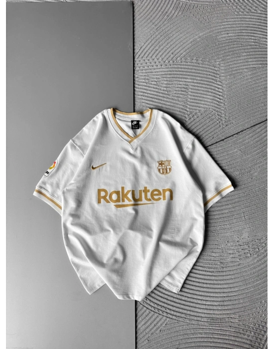 RAKU V YAKA BASKILI OVERSİZE TSHİRT BEYAZ