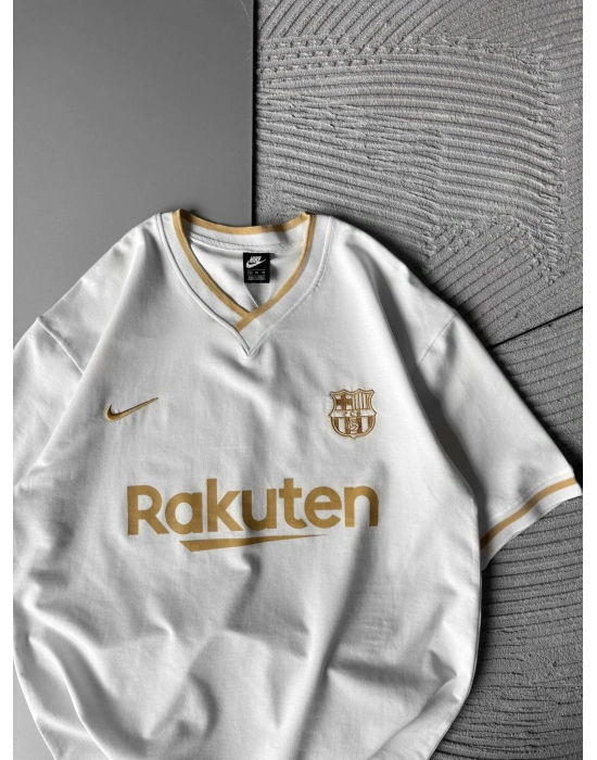 RAKU V YAKA BASKILI OVERSİZE TSHİRT BEYAZ