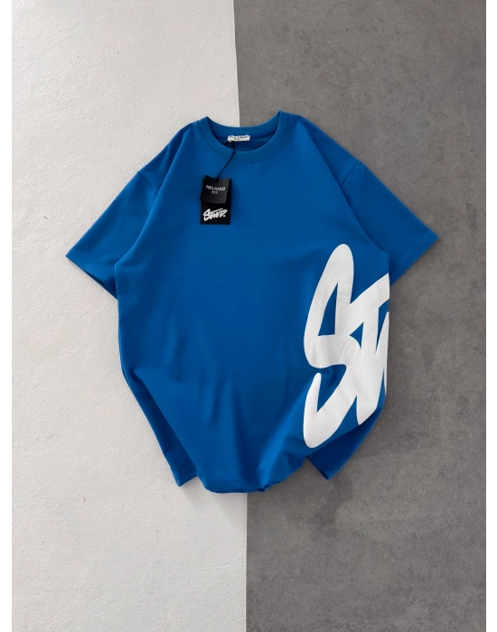 STW BEL BASKI BISIKLET YAKA OVERSIZE TSHIRT MAVİ