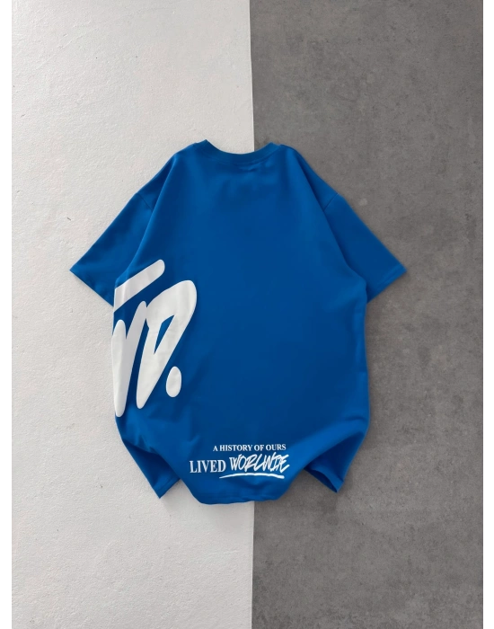 STW BEL BASKI BISIKLET YAKA OVERSIZE TSHIRT MAVİ