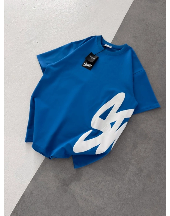 STW BEL BASKI BISIKLET YAKA OVERSIZE TSHIRT MAVİ