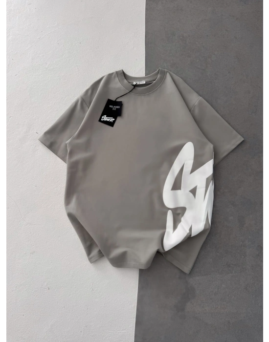 STW BEL BASKI BISIKLET YAKA OVERSIZE TSHIRT GRİ