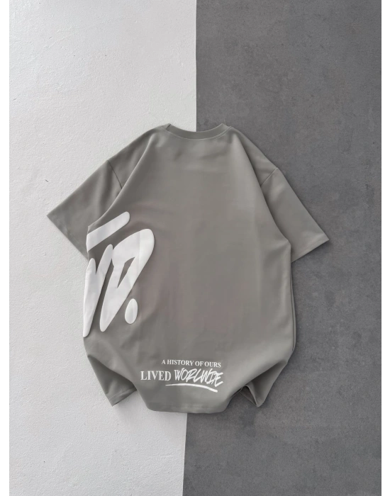 STW BEL BASKI BISIKLET YAKA OVERSIZE TSHIRT GRİ