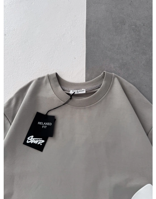 STW BEL BASKI BISIKLET YAKA OVERSIZE TSHIRT GRİ