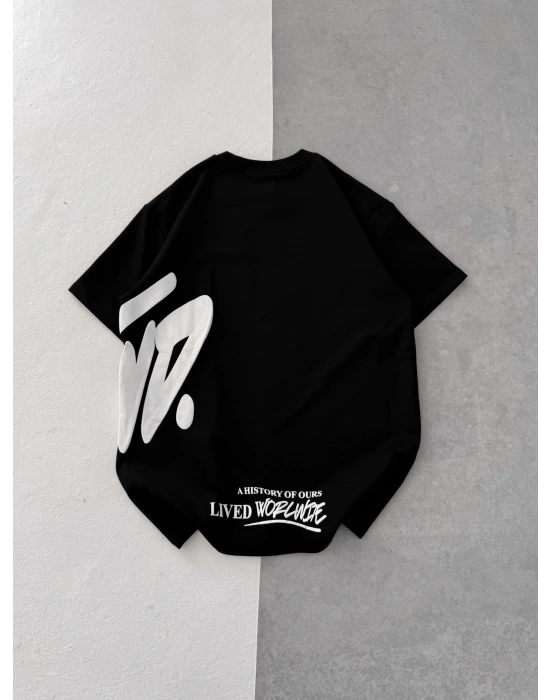 STW BEL BASKI BISIKLET YAKA OVERSIZE TSHIRT SİYAH