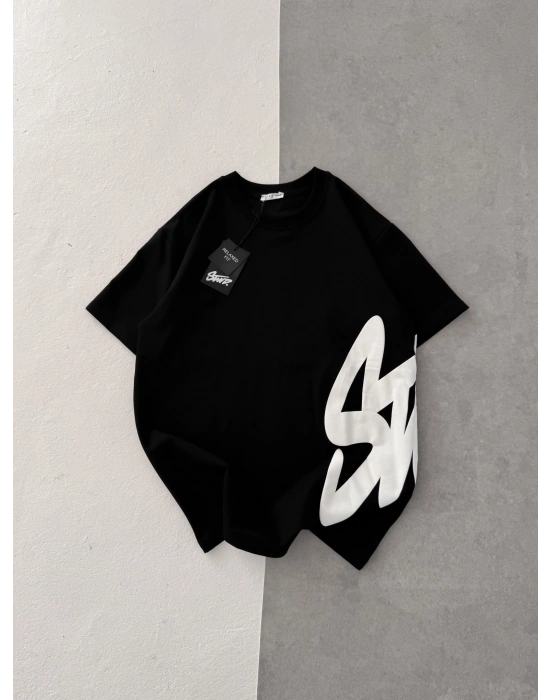STW BEL BASKI BISIKLET YAKA OVERSIZE TSHIRT SİYAH