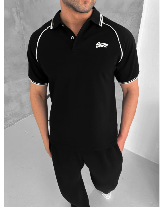 STW POLO YAKA BIYELI CP OVERSIZE TSHIRT SİYAH