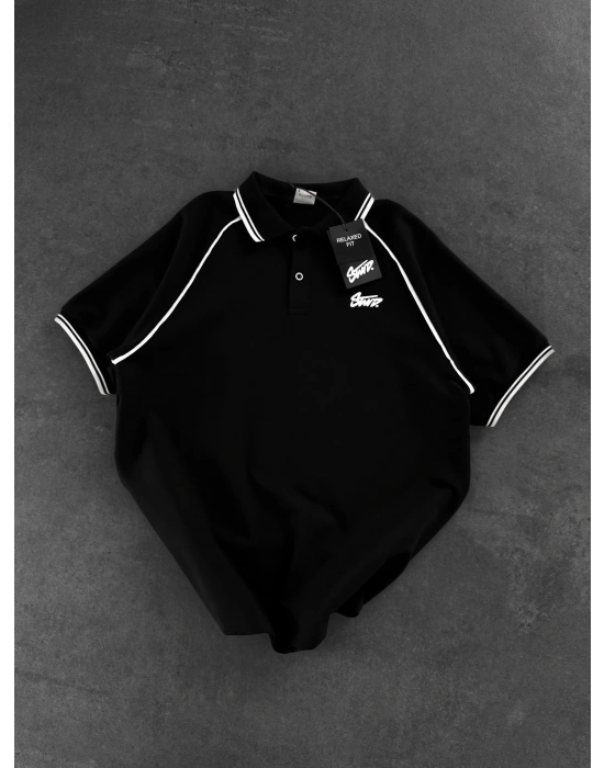 STW POLO YAKA BIYELI CP OVERSIZE TSHIRT SİYAH