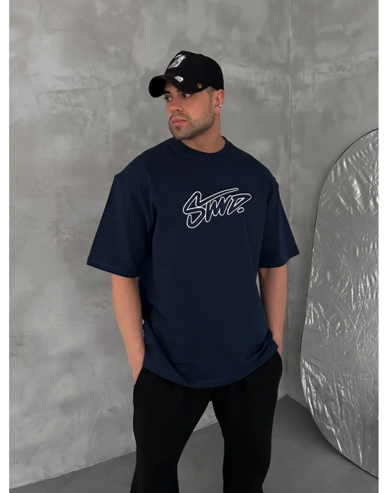 STW KABARTMA NAKIŞ BISIKLET YAKA OVERSIZE TSHIRT LACİ