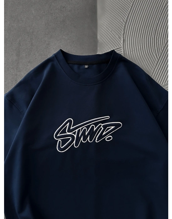 STW KABARTMA NAKIŞ BISIKLET YAKA OVERSIZE TSHIRT LACİ