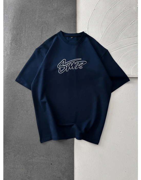 STW KABARTMA NAKIŞ BISIKLET YAKA OVERSIZE TSHIRT LACİ