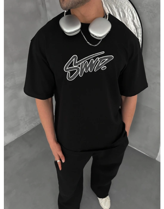 STW KABARTMA NAKIŞ BISIKLET YAKA OVERSIZE TSHIRT SİYAH