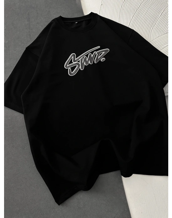 STW KABARTMA NAKIŞ BISIKLET YAKA OVERSIZE TSHIRT SİYAH