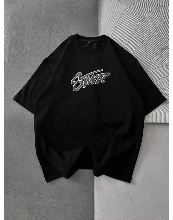 STW KABARTMA NAKIŞ BISIKLET YAKA OVERSIZE TSHIRT SİYAH