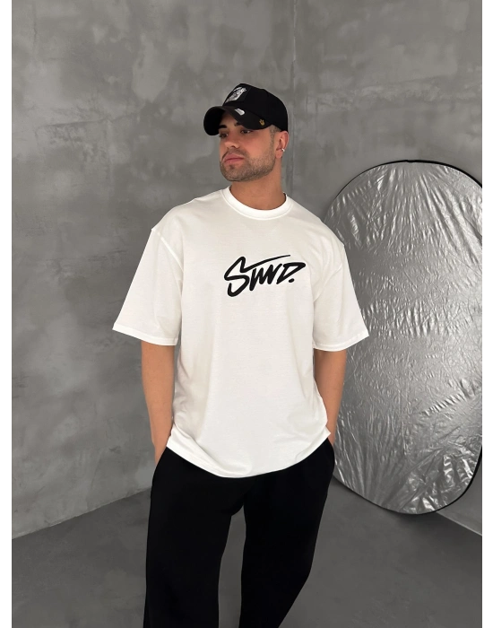 STW KABARTMA NAKIŞ BISIKLET YAKA OVERSIZE TSHIRT BEYAZ