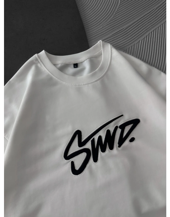 STW KABARTMA NAKIŞ BISIKLET YAKA OVERSIZE TSHIRT BEYAZ