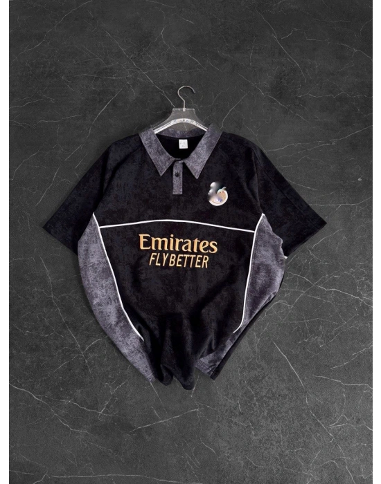POLO YAKA YIKAMALI RM NAKIŞ OVERSIZE TSHIRT SİYAH