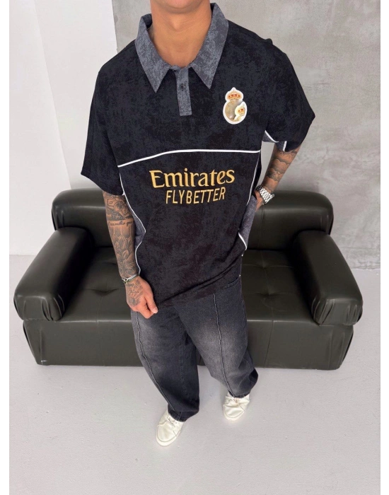 POLO YAKA YIKAMALI RM NAKIŞ OVERSIZE TSHIRT SİYAH
