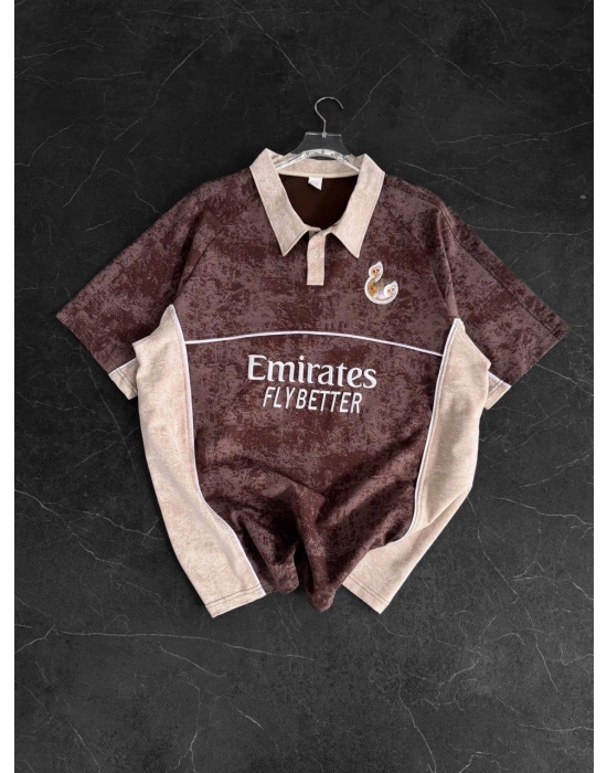 POLO YAKA YIKAMALI RM NAKIŞ OVERSIZE TSHIRT KAHVE