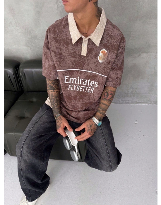 POLO YAKA YIKAMALI RM NAKIŞ OVERSIZE TSHIRT KAHVE