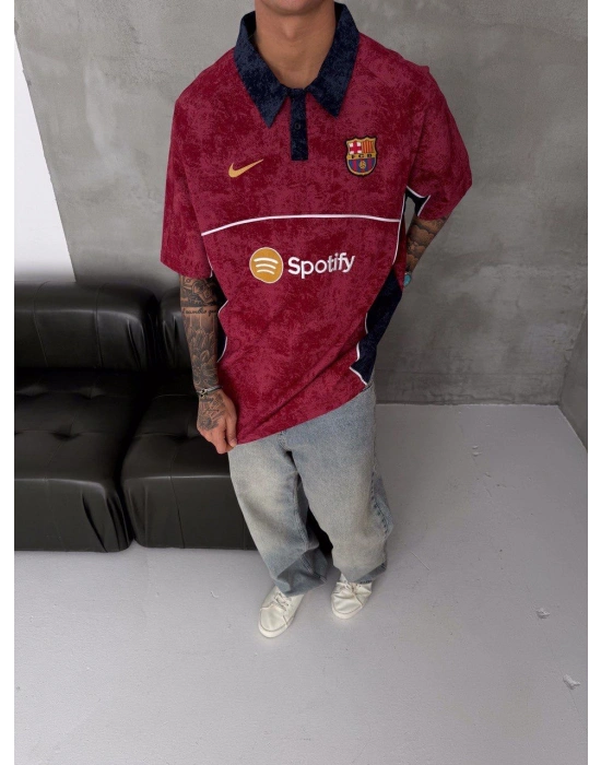 POLO YAKA YIKAMALI BARC SPOTY NAKIŞ OVERSIZE TSHIRT KIRMIZI