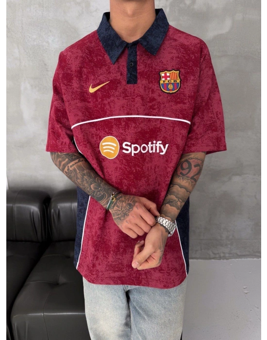 POLO YAKA YIKAMALI BARC SPOTY NAKIŞ OVERSIZE TSHIRT KIRMIZI