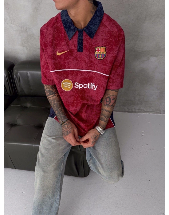 POLO YAKA YIKAMALI BARC SPOTY NAKIŞ OVERSIZE TSHIRT KIRMIZI