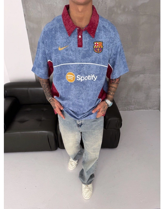 POLO YAKA YIKAMALI BARC SPOTY NAKIŞ OVERSIZE TSHIRT MAVİ