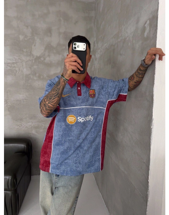 POLO YAKA YIKAMALI BARC SPOTY NAKIŞ OVERSIZE TSHIRT MAVİ