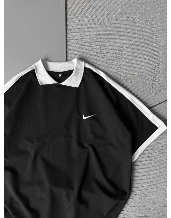 POLO YAKA KLASIK KOL SERIT OVERSIZE TSHIRT SİYAH