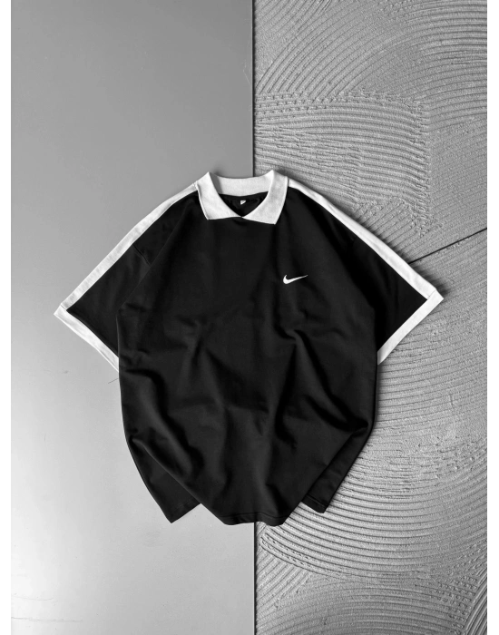 POLO YAKA KLASIK KOL SERIT OVERSIZE TSHIRT SİYAH