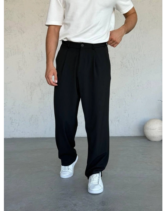 EXTRA BAGGY KALIP DS PİLELİ KUMAŞ PANTOLON SİYAH