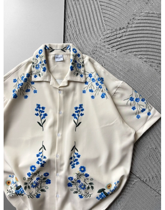 MAVİ ÇİÇEK VİNTAGE OVERSİZE GÖMLEK