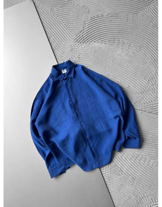 POLO YAKA MODAL KUMAŞ OVERSIZE GÖMLEK MAVİ