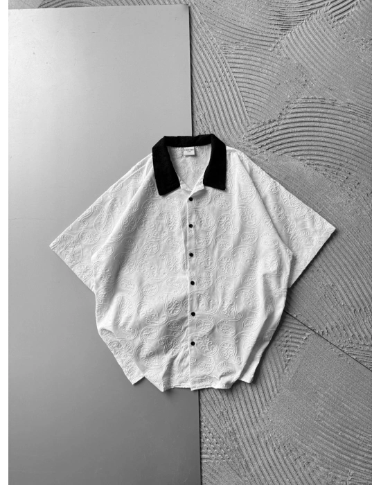 İŞLEME DESENLİ OVERSİZE GÖMLEK BEYAZ