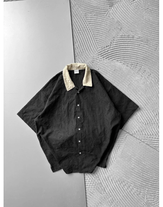 İŞLEME DESENLİ OVERSİZE GÖMLEK SİYAH