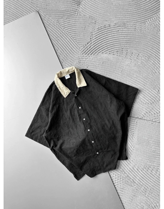 İŞLEME DESENLİ OVERSİZE GÖMLEK SİYAH