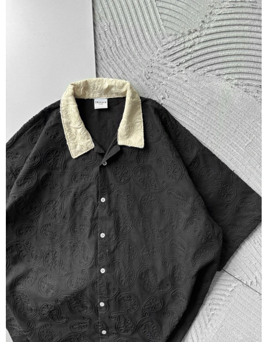 İŞLEME DESENLİ OVERSİZE GÖMLEK SİYAH