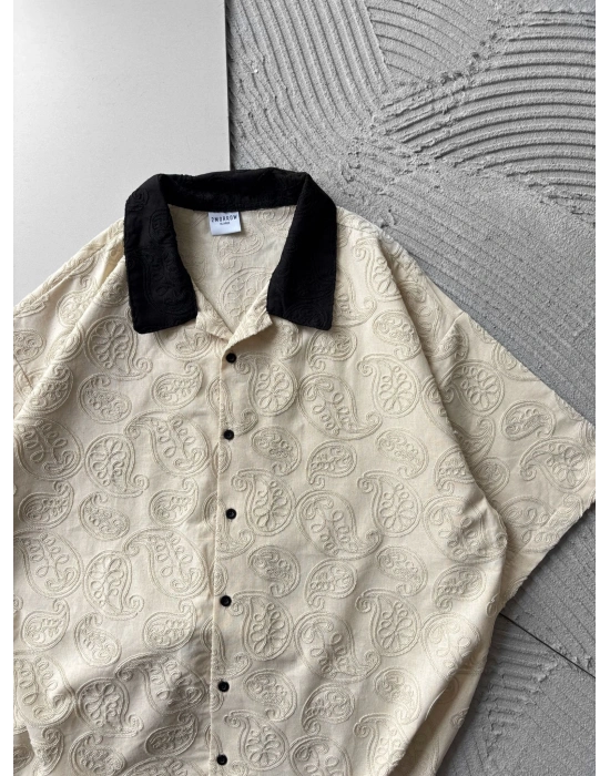 İŞLEME DESENLİ OVERSİZE GÖMLEK KREM