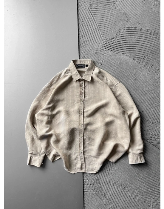 ÇİZGİLİ MODAL KUMAŞ OVERSİZE GÖMLEK KREM