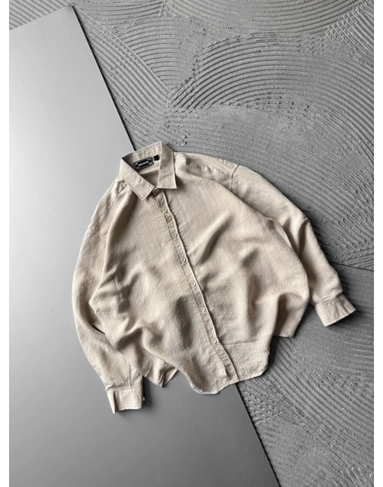 ÇİZGİLİ MODAL KUMAŞ OVERSİZE GÖMLEK KREM