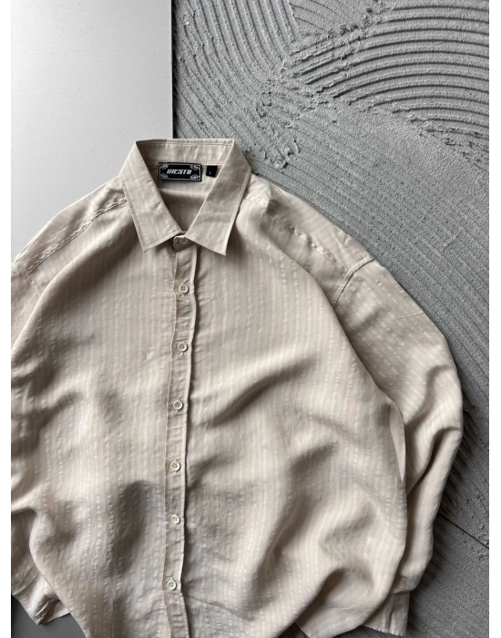 ÇİZGİLİ MODAL KUMAŞ OVERSİZE GÖMLEK KREM