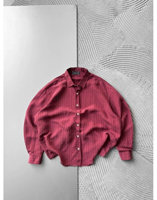 ÇİZGİLİ MODAL KUMAŞ OVERSİZE GÖMLEK KIRMIZI