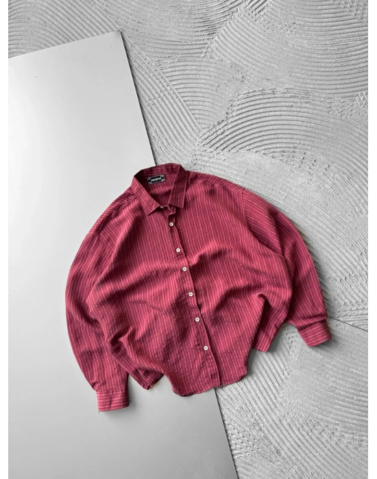 ÇİZGİLİ MODAL KUMAŞ OVERSİZE GÖMLEK KIRMIZI