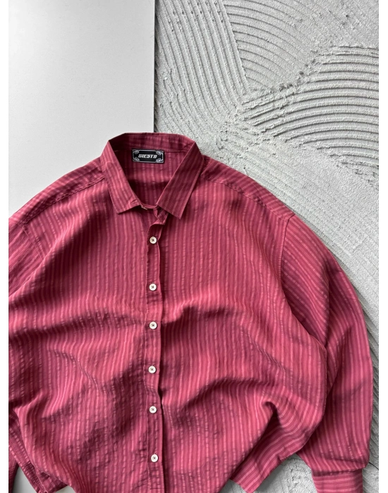 ÇİZGİLİ MODAL KUMAŞ OVERSİZE GÖMLEK KIRMIZI