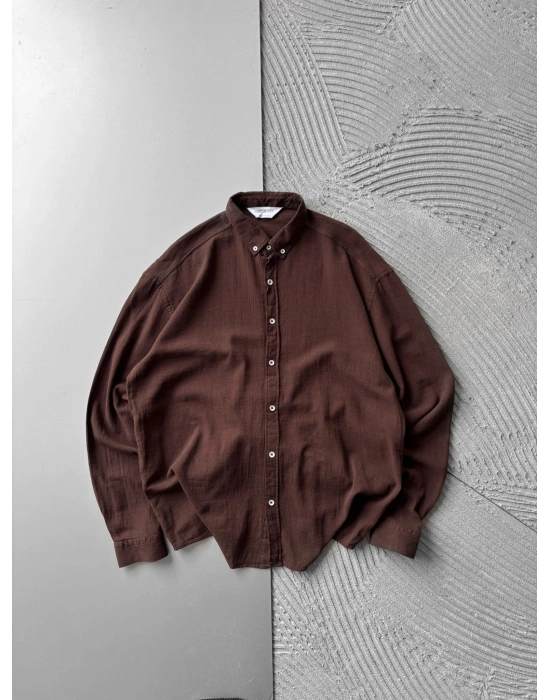 KETEN KUMAŞ GİGİ OVERSİZE GÖMLEK KAHVE