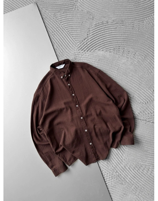 KETEN KUMAŞ GİGİ OVERSİZE GÖMLEK KAHVE